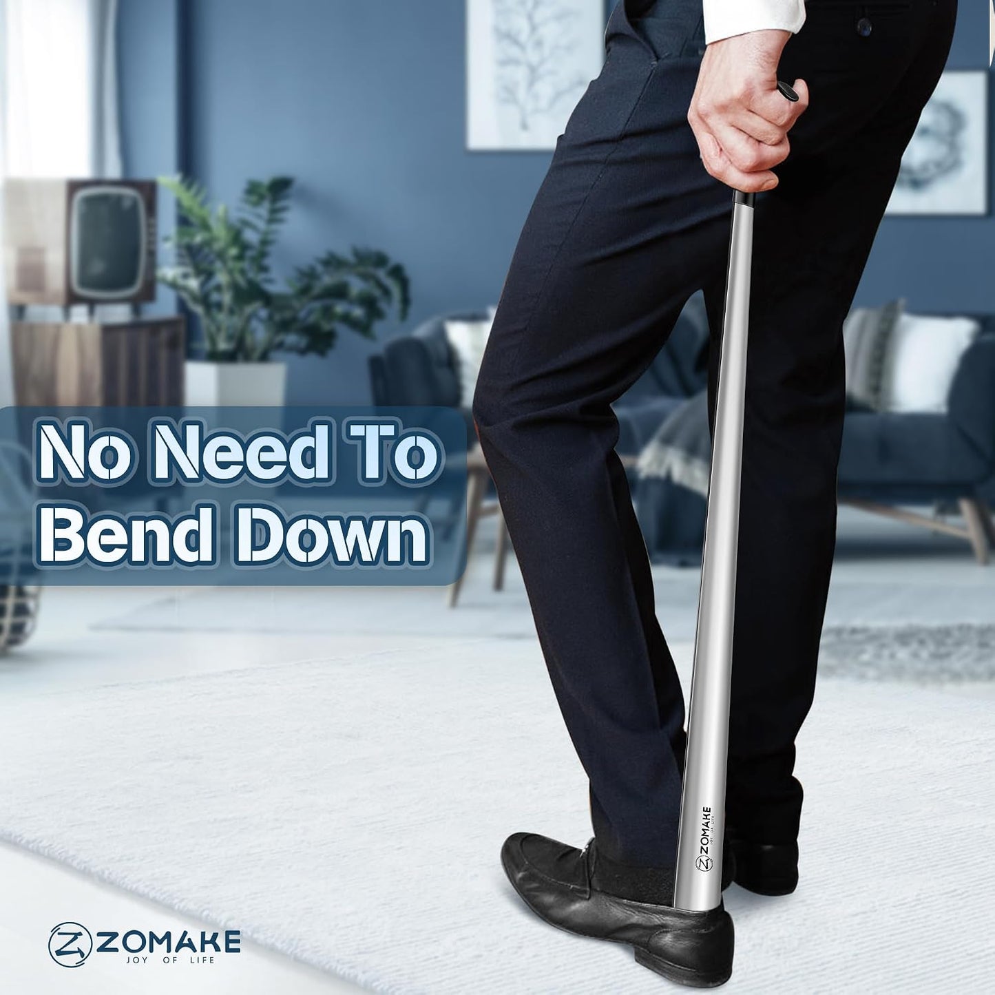 ZOMAKE Shoe Horn Long Handle for Seniors Men Women, Metal Shoehorn 16.5" | Stainless Steel Boot Horn Shoe Spoon Helper, Comfort Grip Handle, Smooth Edges, No Bending Required, Shoe Care for Daily Use