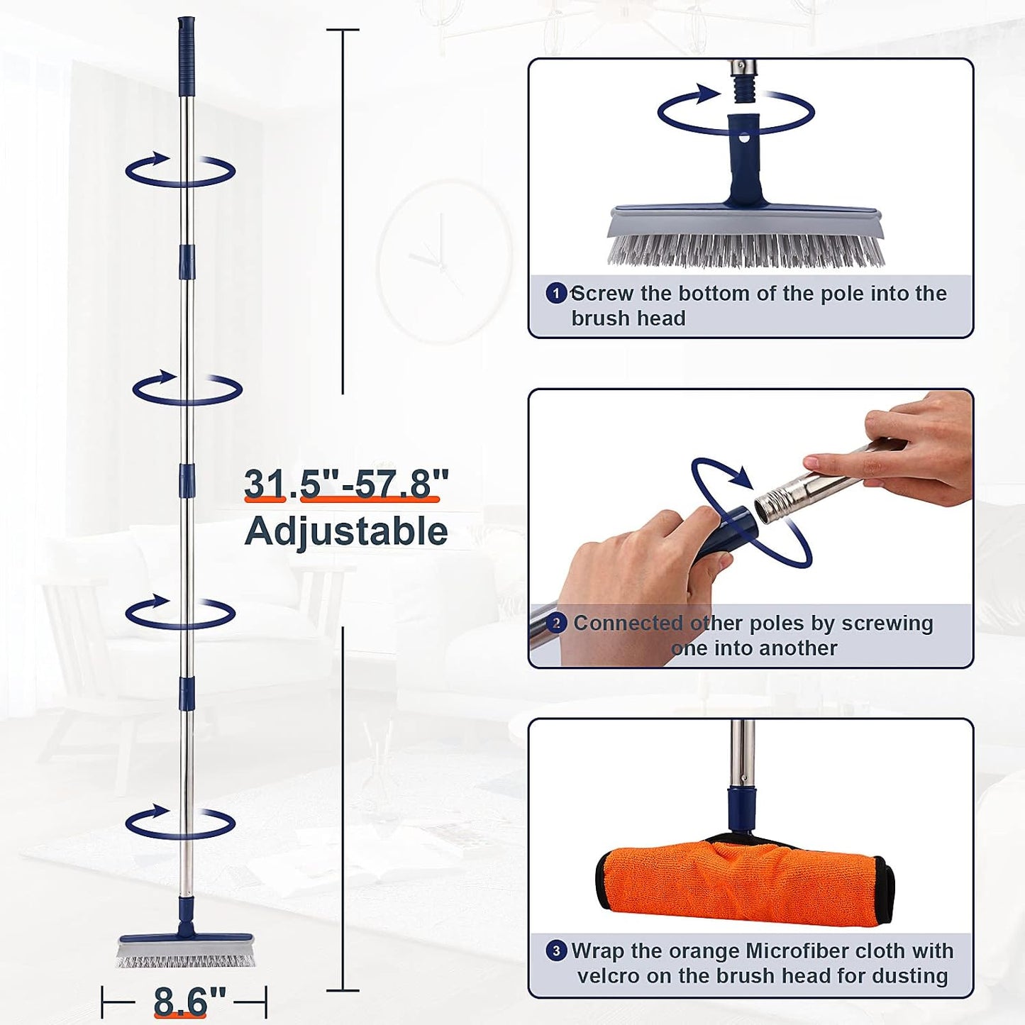 2 in 1 Floor Scrub Brush Grout Brush with 57.8" Long Handle,120°Rotatable Shower Tile Grout Cleaner Scrubber,V-Shaped Corner Brush for Hard to Reach Areas (Orange)