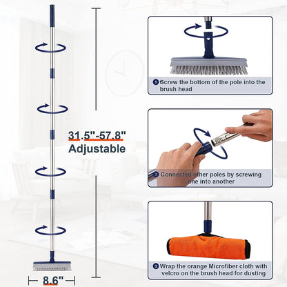 2 in 1 Floor Scrub Brush Grout Brush with 57.8" Long Handle,120°Rotatable Shower Tile Grout Cleaner Scrubber,V-Shaped Corner Brush for Hard to Reach Areas (Orange)