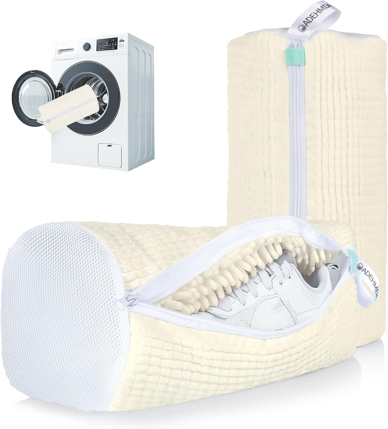 1 Pcs Shoe Washing Machine Bag, White | Extra Long and Thick Microfibre Fluff, Reusable for Washer & Dryer, All-Around Cleaning for All Shoe Types