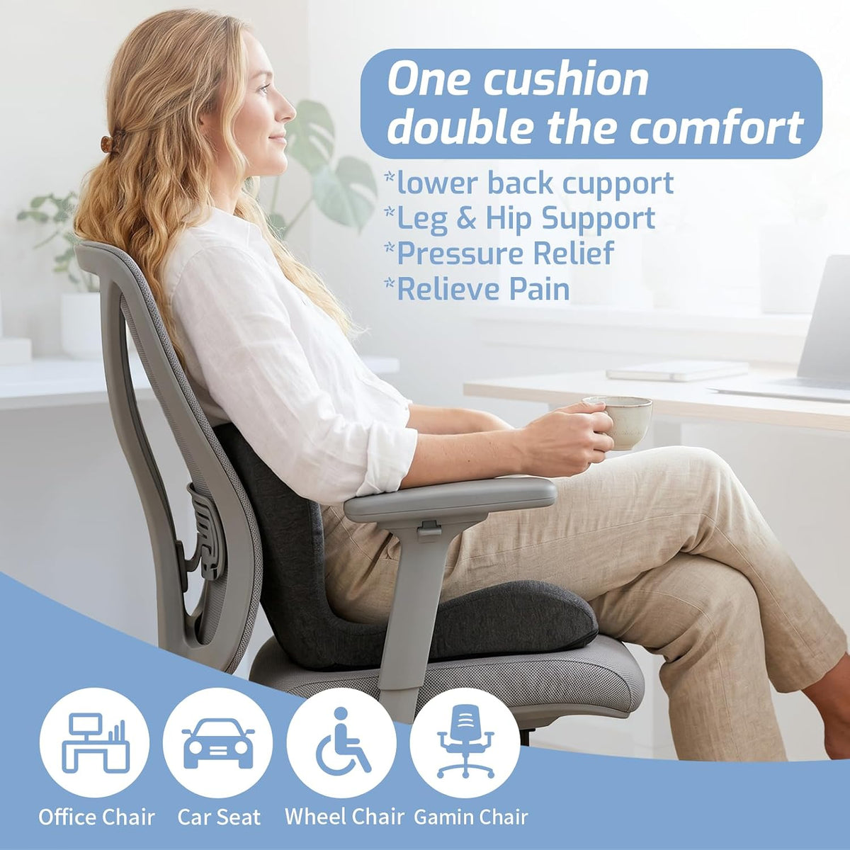 Memory Foam Seat Cushion,Office Chair Cushion with Lumbar Support for Back Pressure Relief, Car Seat Cushion with Adjustable Strap,Sciatica Pad Cushions for Car,Truck, Desk,Gaming Chair