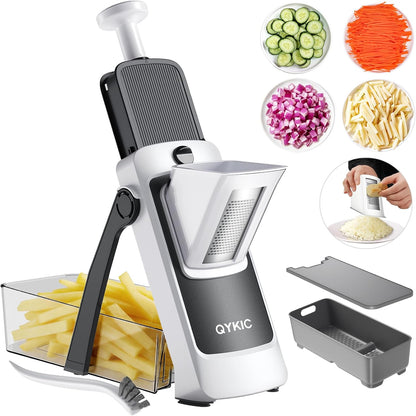 QYKIC Safe Mandoline Slicer for Kitchen, Adjustable Potato Slicer Pro | 0.1-8mm Vegetable Chopper Fry Cutter Julienne Dicer Large Chute Stainless Steel Blades Detachable Dishwasher Safe Gifts