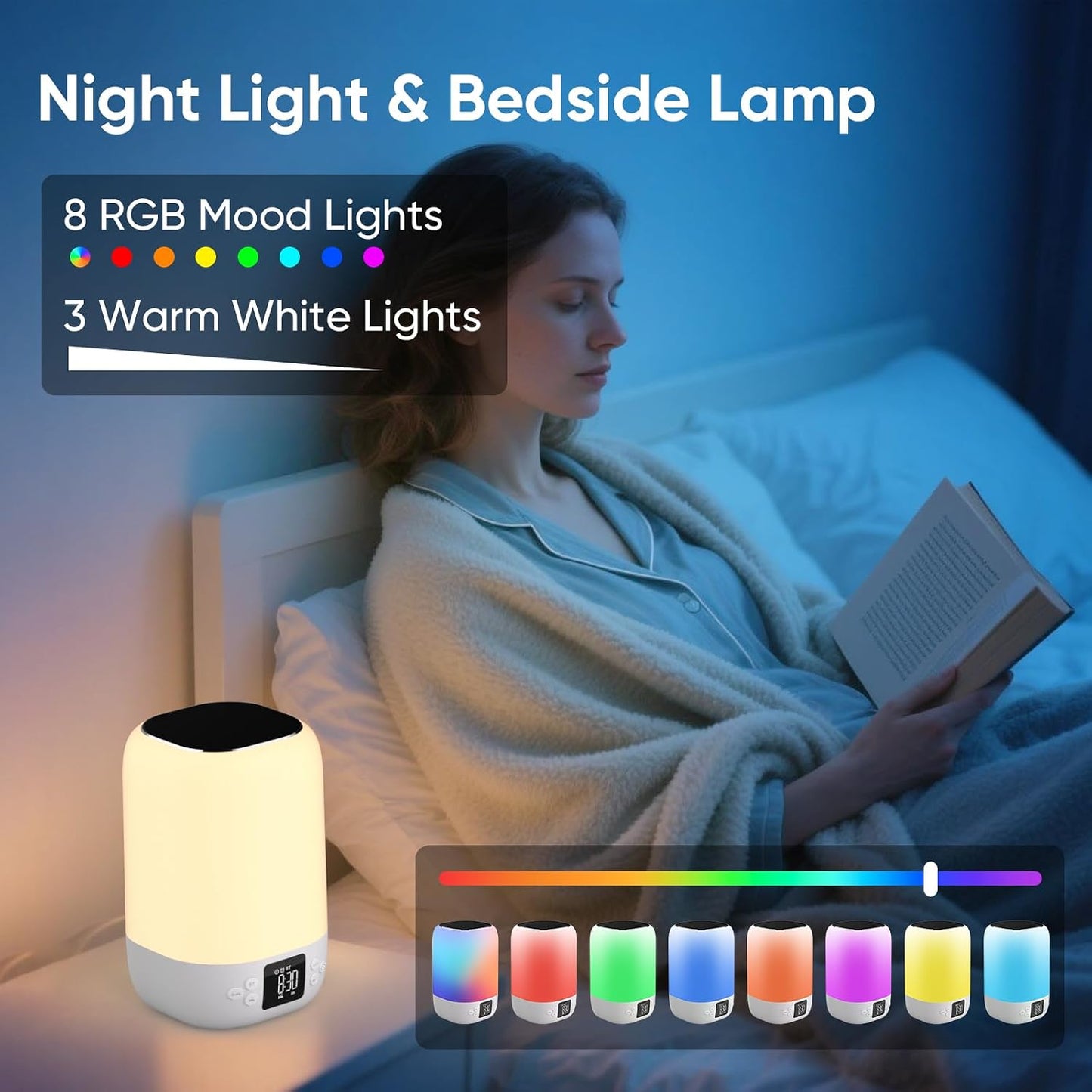 Nightlight Bluetooth Speaker Alarm Clock, Sound Machine with White Noise | Touch Bedside Lamp for Bedroom, Dimmable Warm Light, 8 RGB Color Changing, Ideal Gift for Teenage Boys Girls