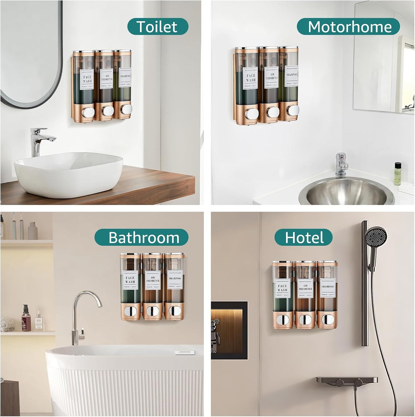 Wall Mounted Shower Soap Dispenser 3 Chamber,No Drill Shower Dispenser | Shampoo and Conditioner Dispenser for Bathroom Hotel Large Capacity, each 300ml with two waterproof labels,Gold