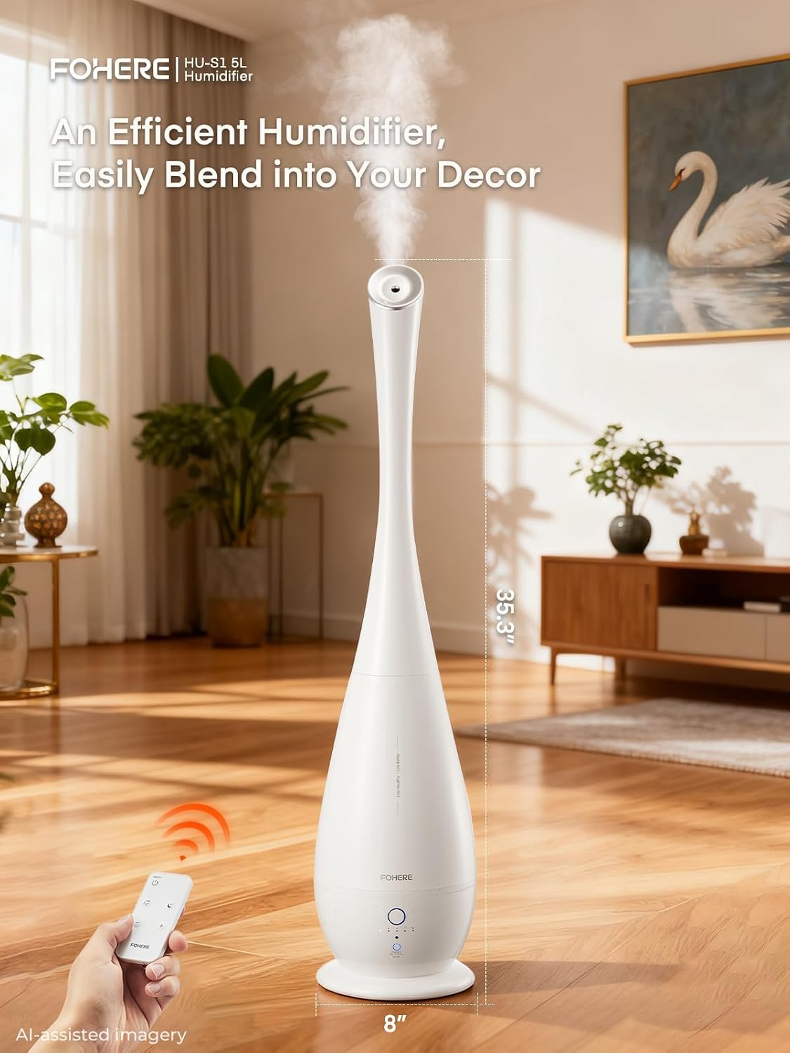FOHERE Humidifiers for Bedroom Large Room, 5L Cool Mist Quiet Humidifier 48H Long Last for Indoor Plant, Baby, Home, Office with Humidity Sensor, Aroma Box, 3 Speed Settings, White