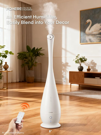 FOHERE Humidifiers for Bedroom Large Room, 5L Cool Mist Quiet Humidifier 48H Long Last for Indoor Plant, Baby, Home, Office with Humidity Sensor, Aroma Box, 3 Speed Settings, White