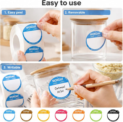 3500Pcs Day Dots Food Labels Monday Through Sunday Removable Date Stickers