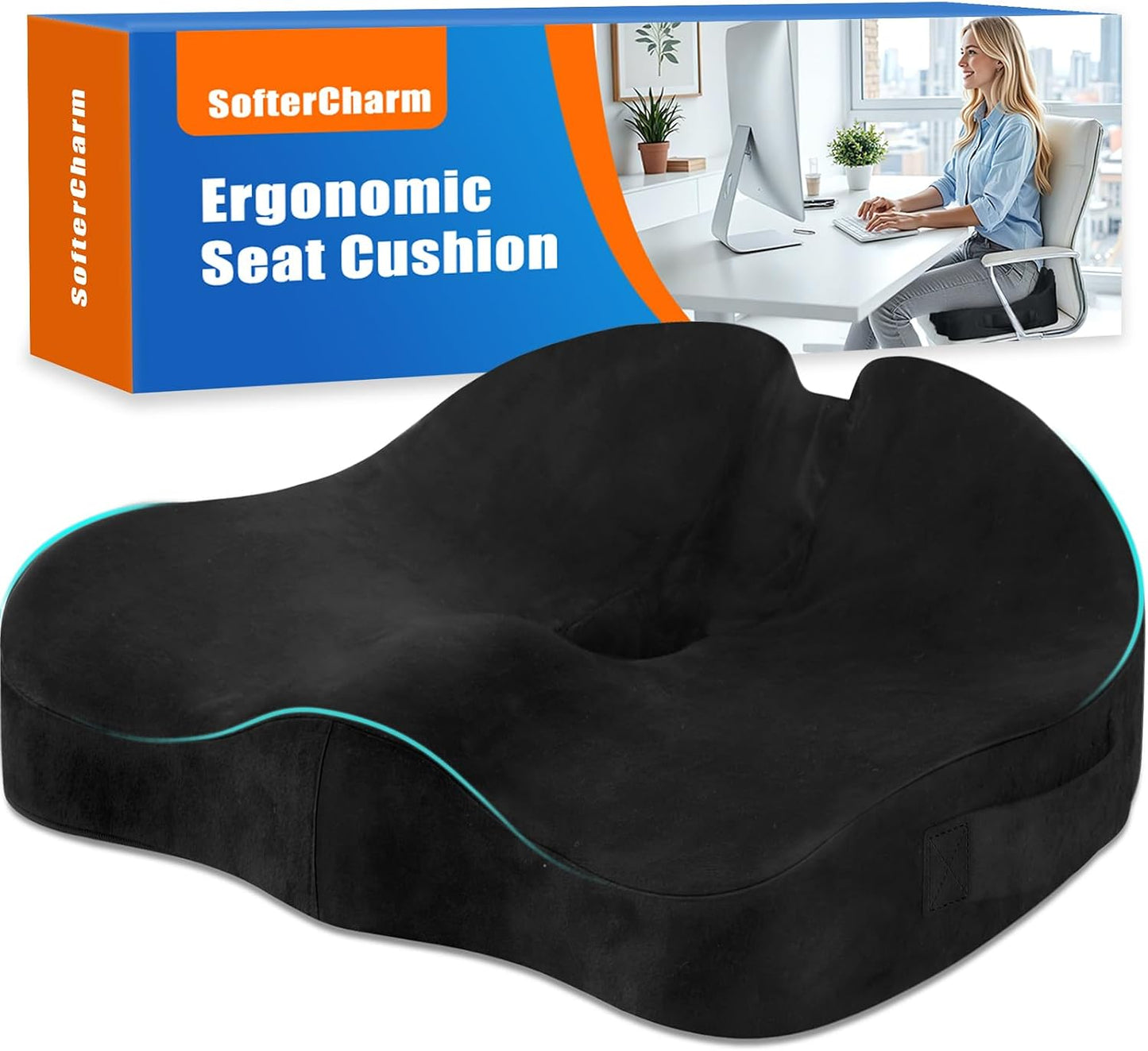 Ergonomic Seat Cushion for Office Chair, Memory Foam Coccyx Cushion for Tailbone Pain Relief, Non-Slip Washable Cover, Pressure Relief Chair Pad for Office, Car, Wheelchair & Home Black