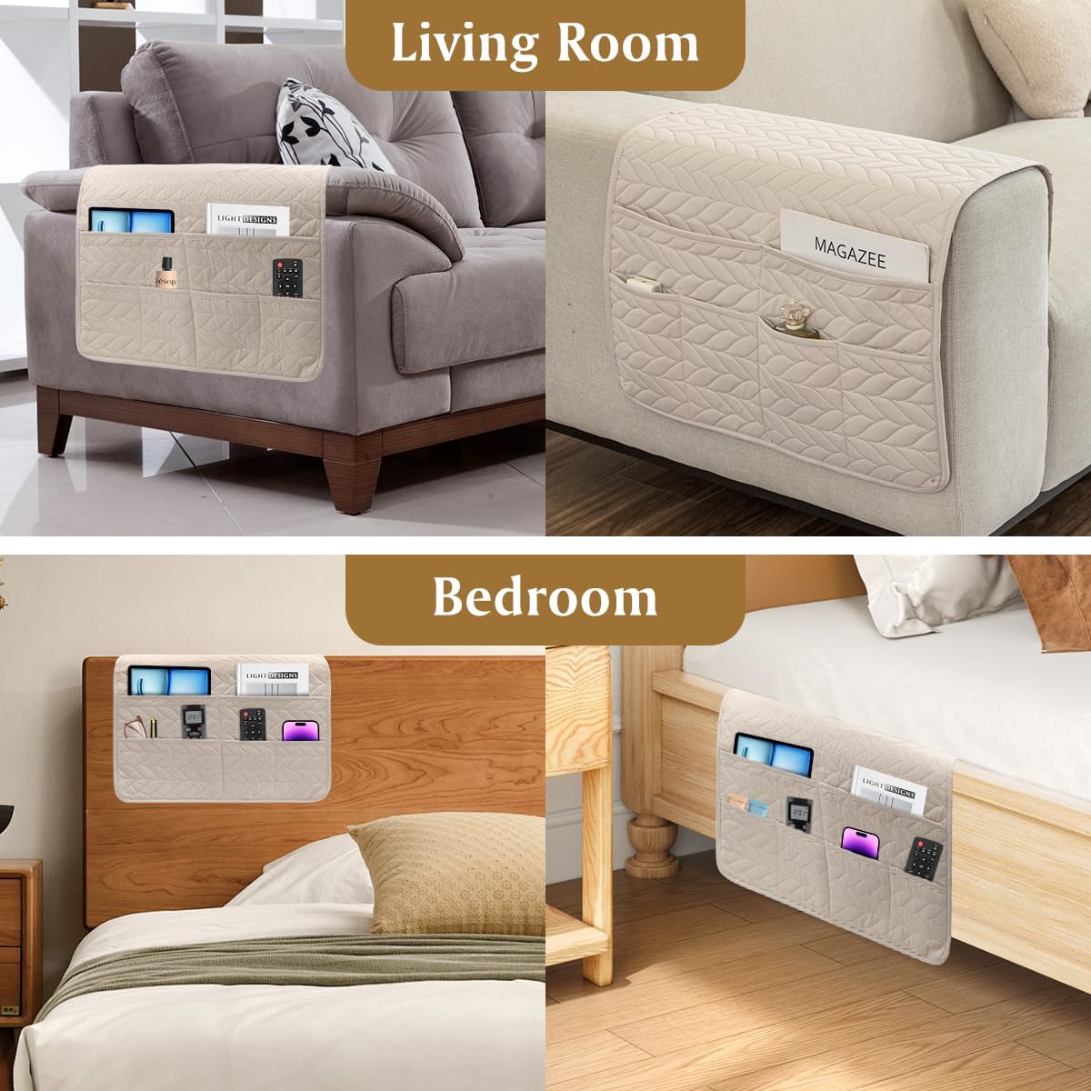 Remote Control Holder for Recliner, Sofa Armrest Organizer with Non-Slip Base, Tv Remote Holder Couch Caddy Armchair Caddy Bedside Organizer with 6 Pockets for Magazine, Tablet, Phone (Beige)