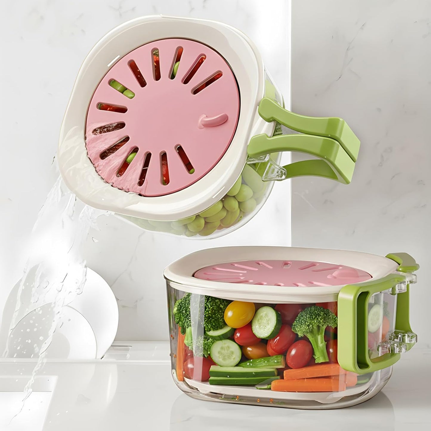 Fruit Vegetable Washing Bowl with Strainer, Multifunctional, Berry Lettuce Keeper for Fridge Refrigerator Organization, Portable Colander for Kitchen, Drainer Container With Lid, 2 Pack (Mix)