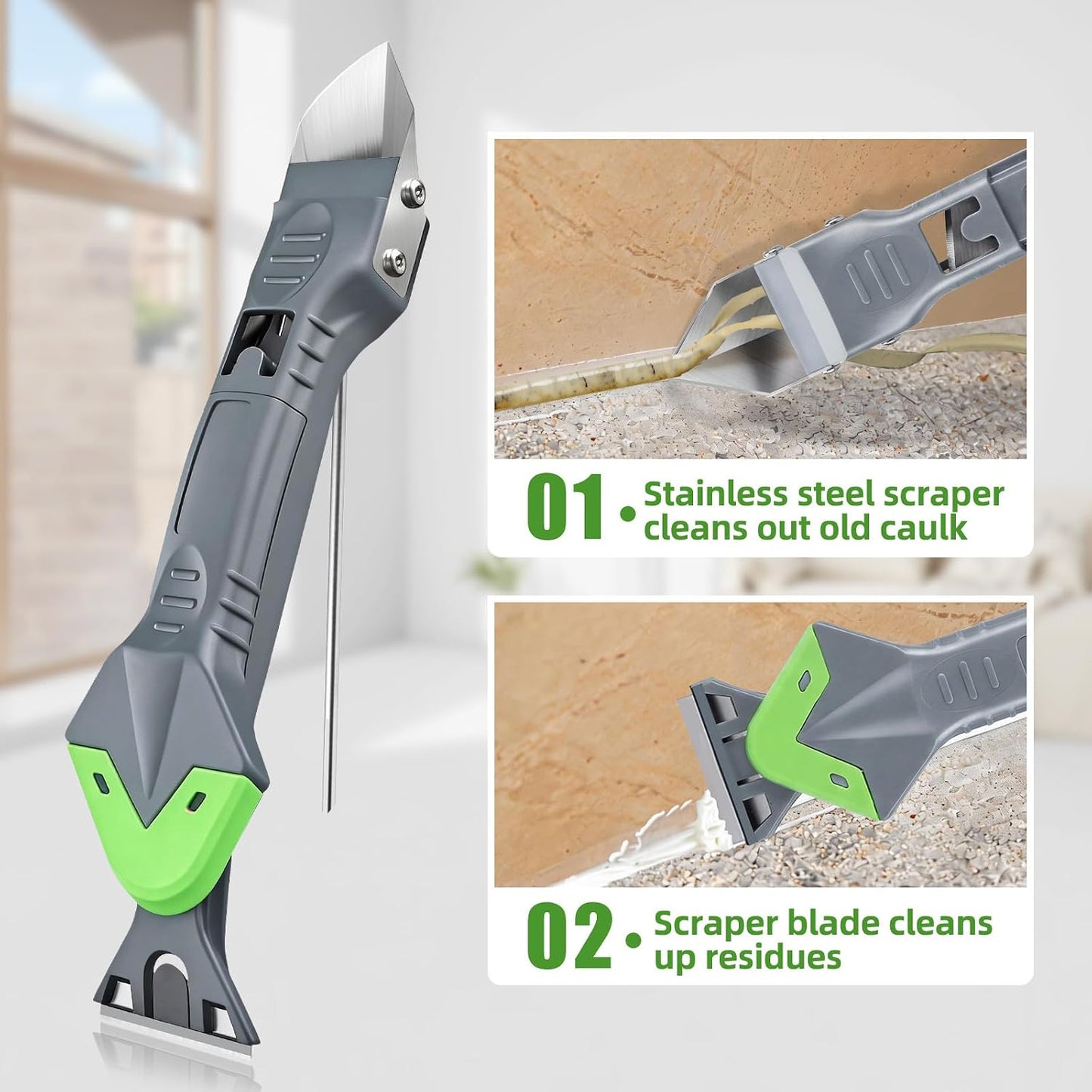 5 In 1 Caulking Tool Kit, Silicone Caulking Tool with Stainless Steel Head & Caulk Scraper, Sealant Finishing Tool with Multiple Angles, Caulk Remover Tool for Kitchen, Bathroom & Window Caulking