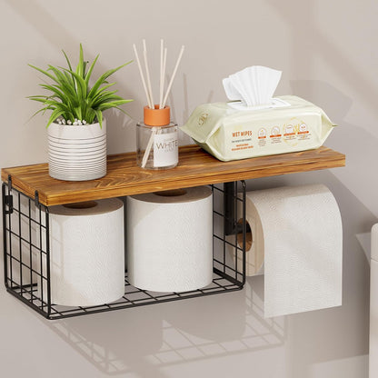 VITVITI Toilet Paper Holder with Shelf, Wall Mounted Storage Basket, Brown | Farmhouse Wall Mount Toilet Paper Holder Shelves, Wood Metal Toilet Roll Wipes Holder for Bathroom