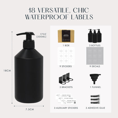 FINESSY Amber Shampoo and Conditioner Dispenser for Shower Wall No Drill | 3 Plastic 17oz Fillable Shower Bottles With Labels. Shower Shampoo Dispenser Wall Mounted. Airbnb Empty Soap Pump Bottles.