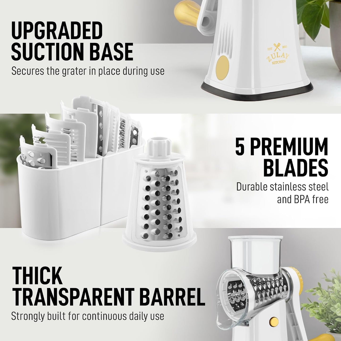 Zulay Kitchen Rotary Cheese Grater 5 Blade Cheese Shredder - Manual Hand Crank Cheese Grater With Reinforced Suction & 5 Interchangeable Drums - Easy to Use, Vegetable Chopper Round Mandoline Slicer - Colors B