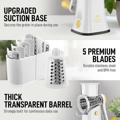 Zulay Kitchen Rotary Cheese Grater 5 Blade Cheese Shredder - Manual Hand Crank Cheese Grater With Reinforced Suction & 5 Interchangeable Drums - Easy to Use, Vegetable Chopper Round Mandoline Slicer - Colors B