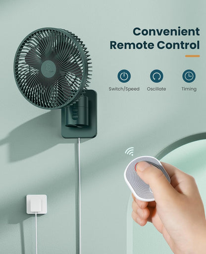 LEMOISTAR 8 Inch Small Wall Mounted RV Fan with Remote Control, 90° Oscillating, 4 Speeds, 4 Timer, Adjustable Tilt, 70 Inch Cord, Quiet, for Corner Bedroom Home Office Garage-Black
