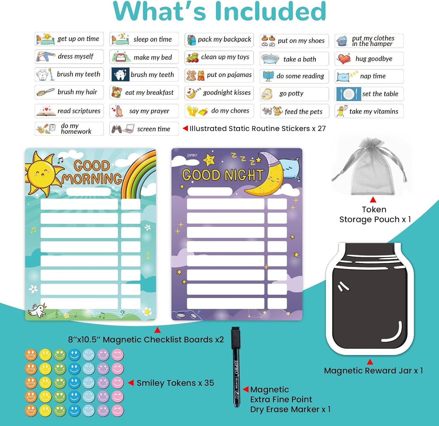 JJPRO Magnetic Bedtime/Morning/Daily Routine Chart for Kids with Reward Jar-Morning Routine Chart,Daily Checklist Reward Chart for Toddlers,Reward Jar for Kids,Cute Visual Schedule Board for Home