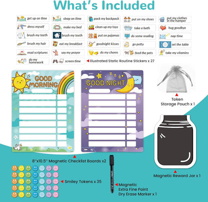 JJPRO Magnetic Bedtime/Morning/Daily Routine Chart for Kids with Reward Jar-Morning Routine Chart,Daily Checklist Reward Chart for Toddlers,Reward Jar for Kids,Cute Visual Schedule Board for Home