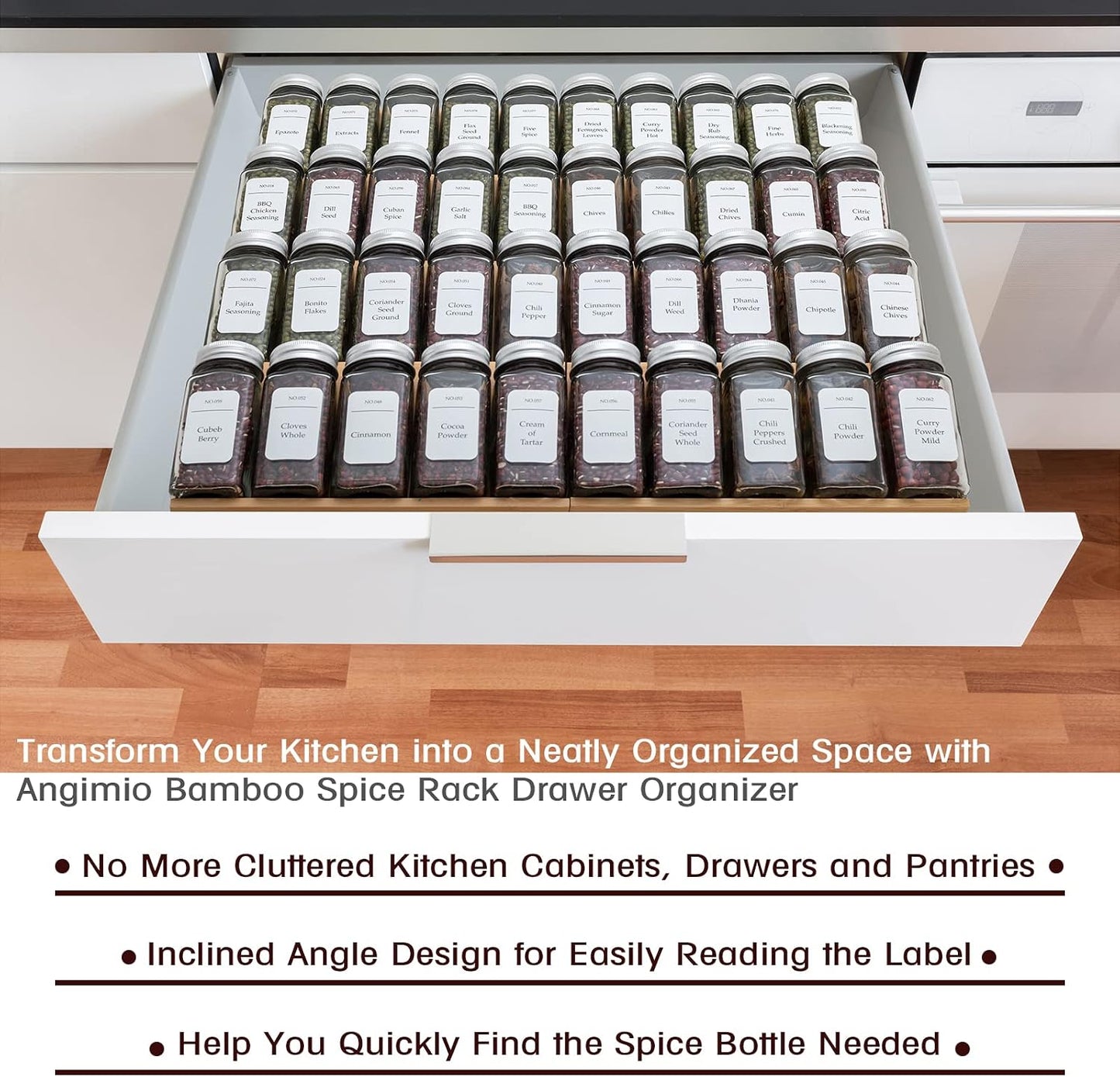 Bamboo Spice Rack Drawer Organizer - 8 Pieces Set- 7" Wide Per Piece - Combine Pieces Into 14" Wide Rack (7" or 14")