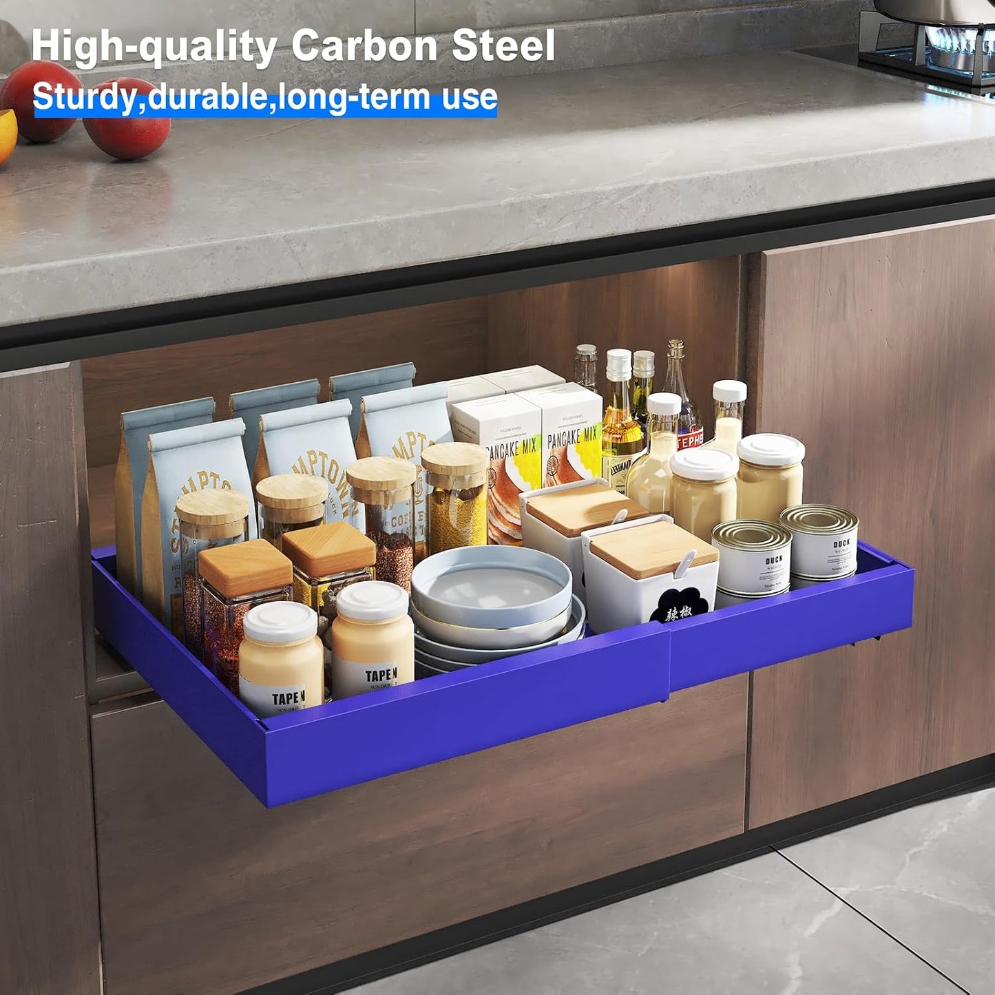 Mustorn 2 Pack Pull Out Cabinet Organizer, Slide Out Drawers for Cabinets, Peel and Stick, Heavy Duty Shelves for Kitchen, Cupboard, Pantry, Bathroom (16.5"D*11.8"W*3.94"H-Black)