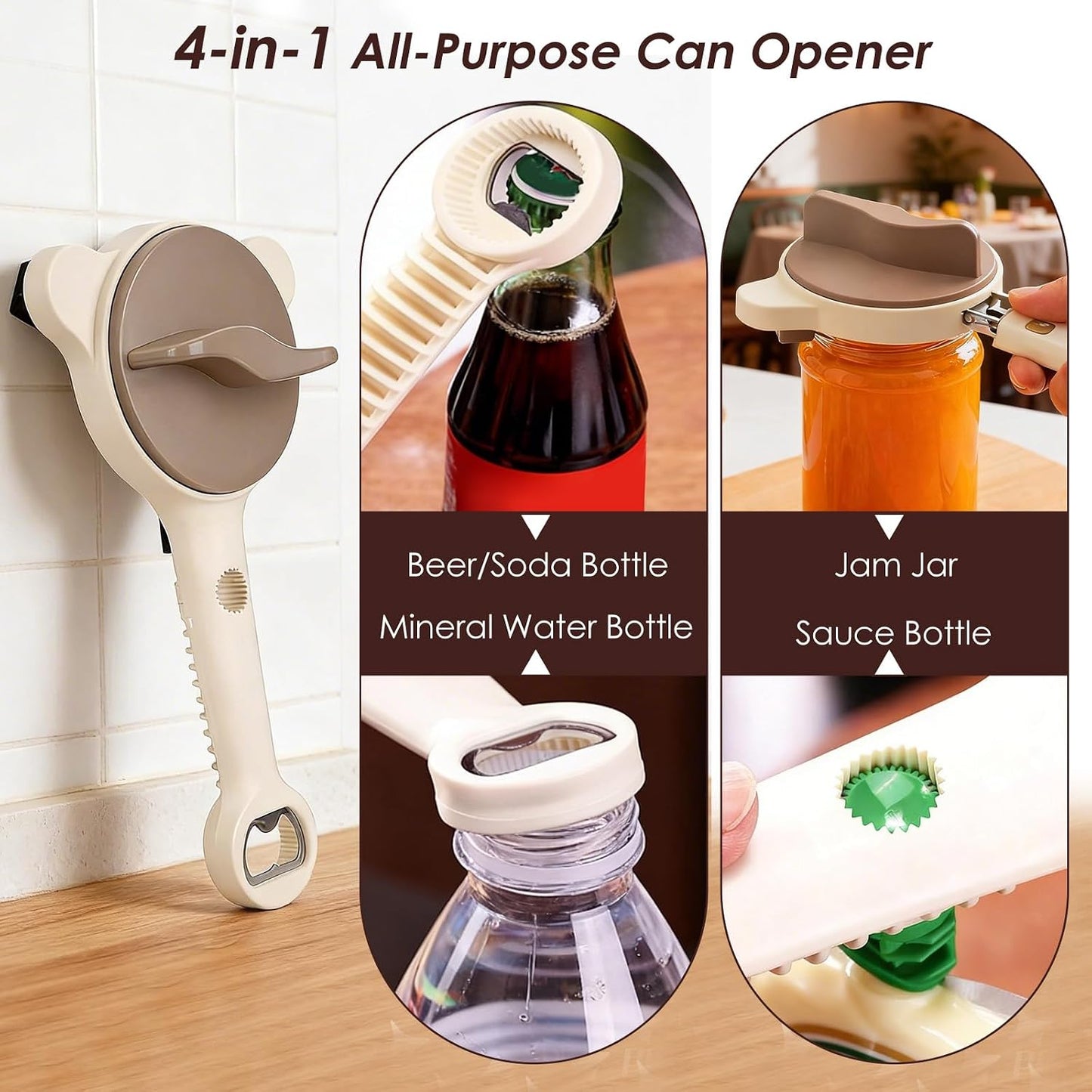4 in 1 Multi-Purpose Jar Opener, with 3pcs Rubber Jar Openers, Adjustable Stainless Steel Lid Remover for Seniors & Arthritis Sufferers, for Weak Hands, Fits Kitchen Jars, Bottles & Cans (Beige)