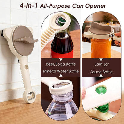 4 in 1 Multi-Purpose Jar Opener, with 3pcs Rubber Jar Openers, Adjustable Stainless Steel Lid Remover for Seniors & Arthritis Sufferers, for Weak Hands, Fits Kitchen Jars, Bottles & Cans (Beige)