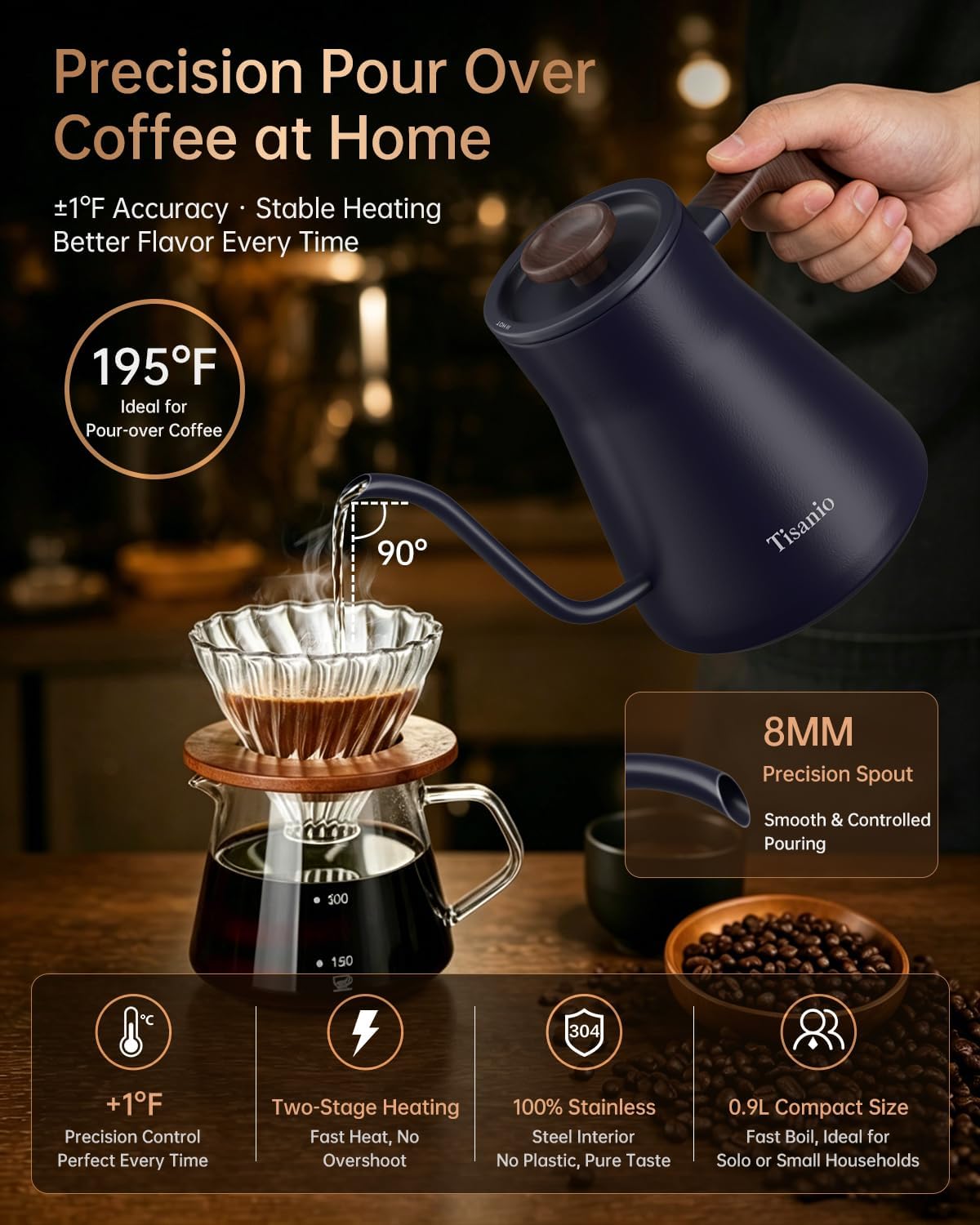 Gooseneck Electric Kettle with Temperature Control, 0.9L, Black | ±1°F Precision Pour Over Kettle, LCD Dual Display, Smart Two-Stage Heating, 2H Keep Warm, 304 Stainless Steel Interior