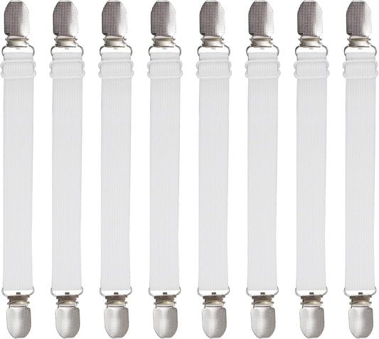 Adjustable Bed Sheet Straps Suspenders Elastic Sheet Fasteners Grippers Garters Clips for Flat & Fitted Sheet Corner Holder,Ironing Board Cover, Mattress, Cribs, Sofa Cushion& More(Short Type-8 Pack)