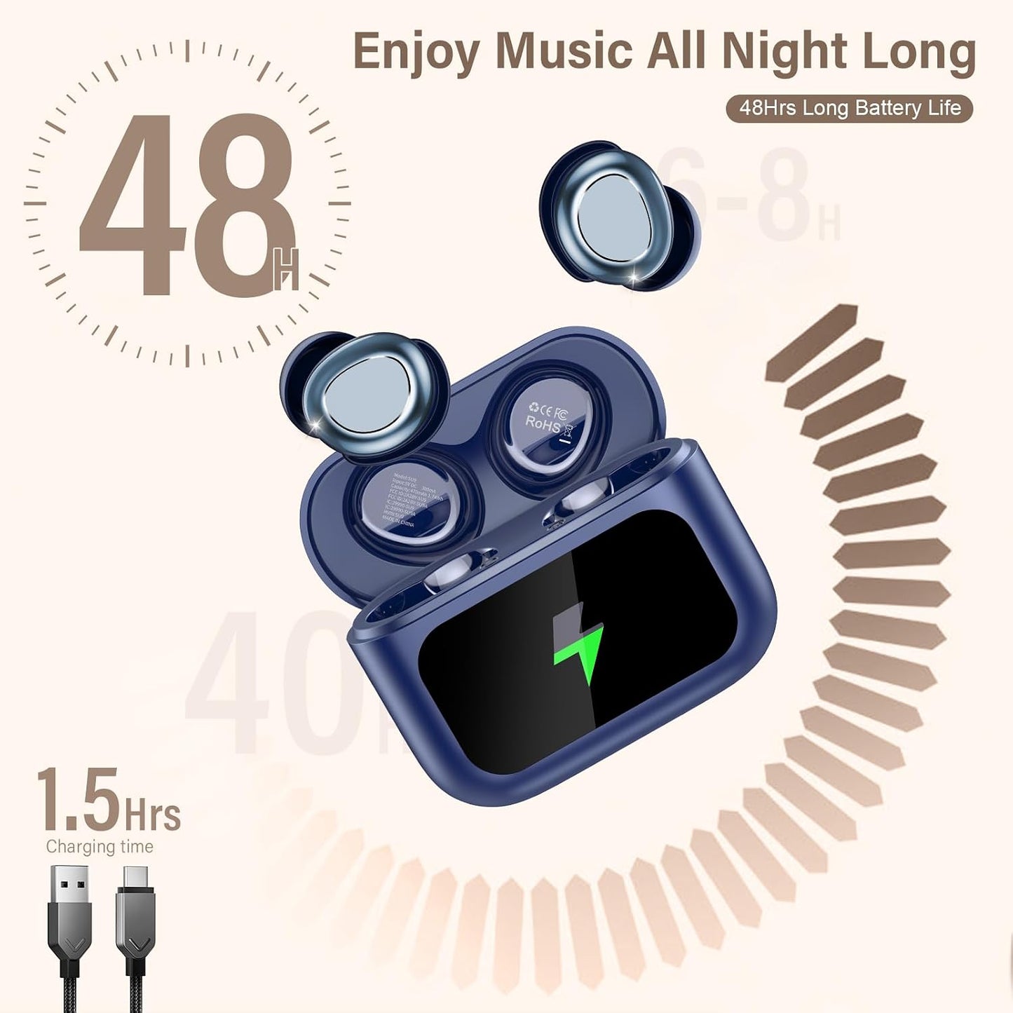 Sleep Earbuds Bluetooth 5.4 in Ear Touch Screen Sleep Headphones, Small Design Mini Sleep Earbuds for Side Sleepers with Sleep Mode, 48H Playtime Sleep Earphones Clear Calls, Rose