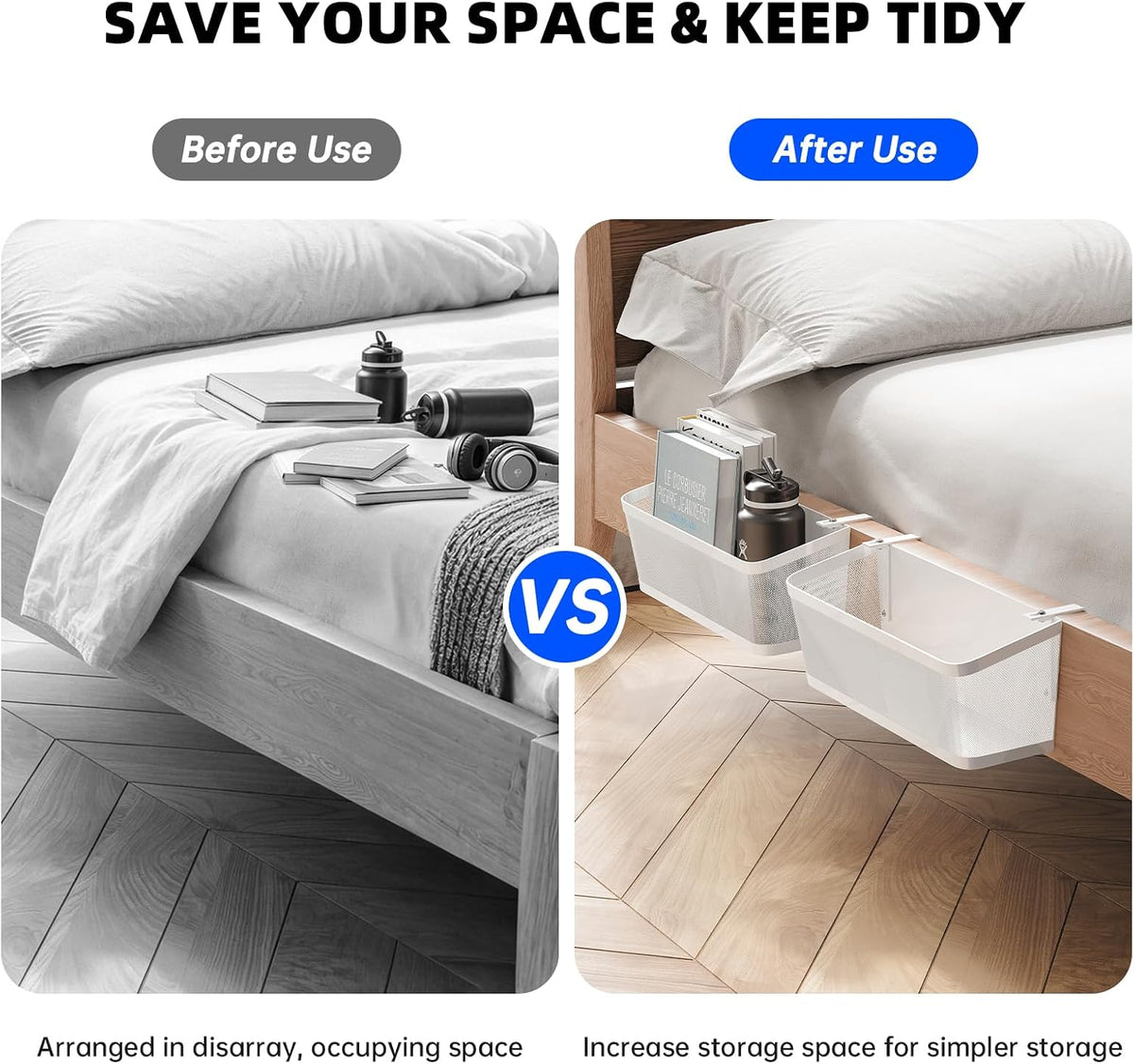 2 Pack Bedside Caddy Organizer, White Metal Hanging Storage Baskets for Bed Rail and Headboard, Bunk Bed Shelves, College Dorm Room Essentials, Holds Phones, Books, Tablets and Bottles (Extra Large)