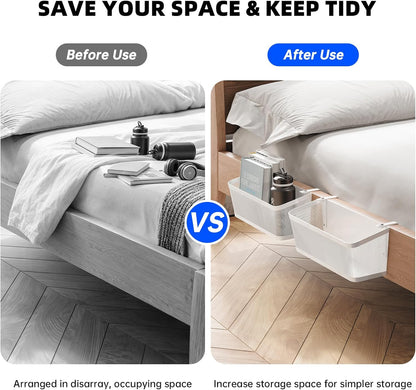 2 Pack Bedside Caddy Organizer, White Metal Hanging Storage Baskets for Bed Rail and Headboard, Bunk Bed Shelves, College Dorm Room Essentials, Holds Phones, Books, Tablets and Bottles (Extra Large)