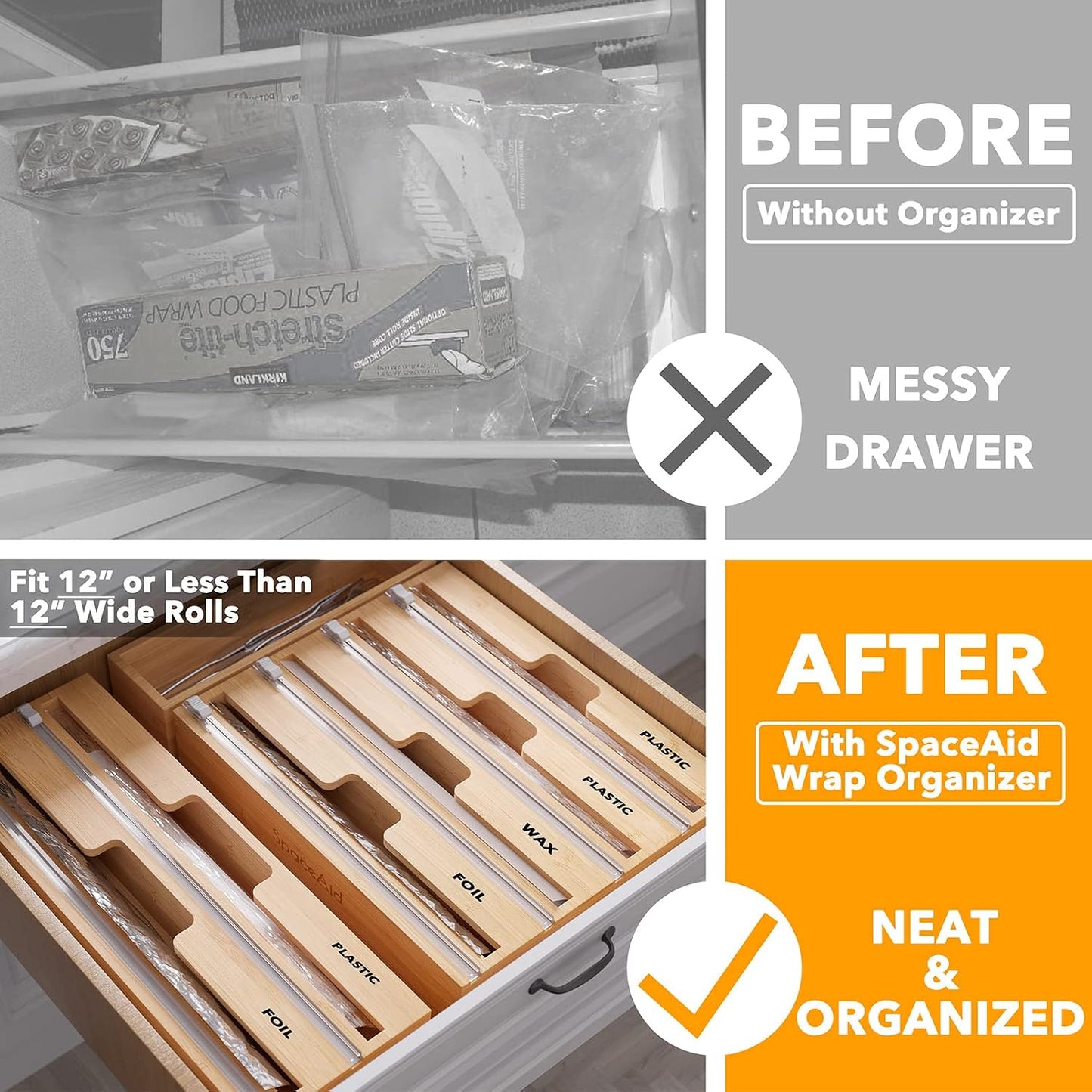 SpaceAid WrapNeat 2 in 1 Wrap Organizer with Cutter and Labels, Plastic Wrap, Aluminum Foil and Wax Bamboo Dispenser for Kitchen Storage Organization Holder for 12" Roll (Natural, 2-Slot)