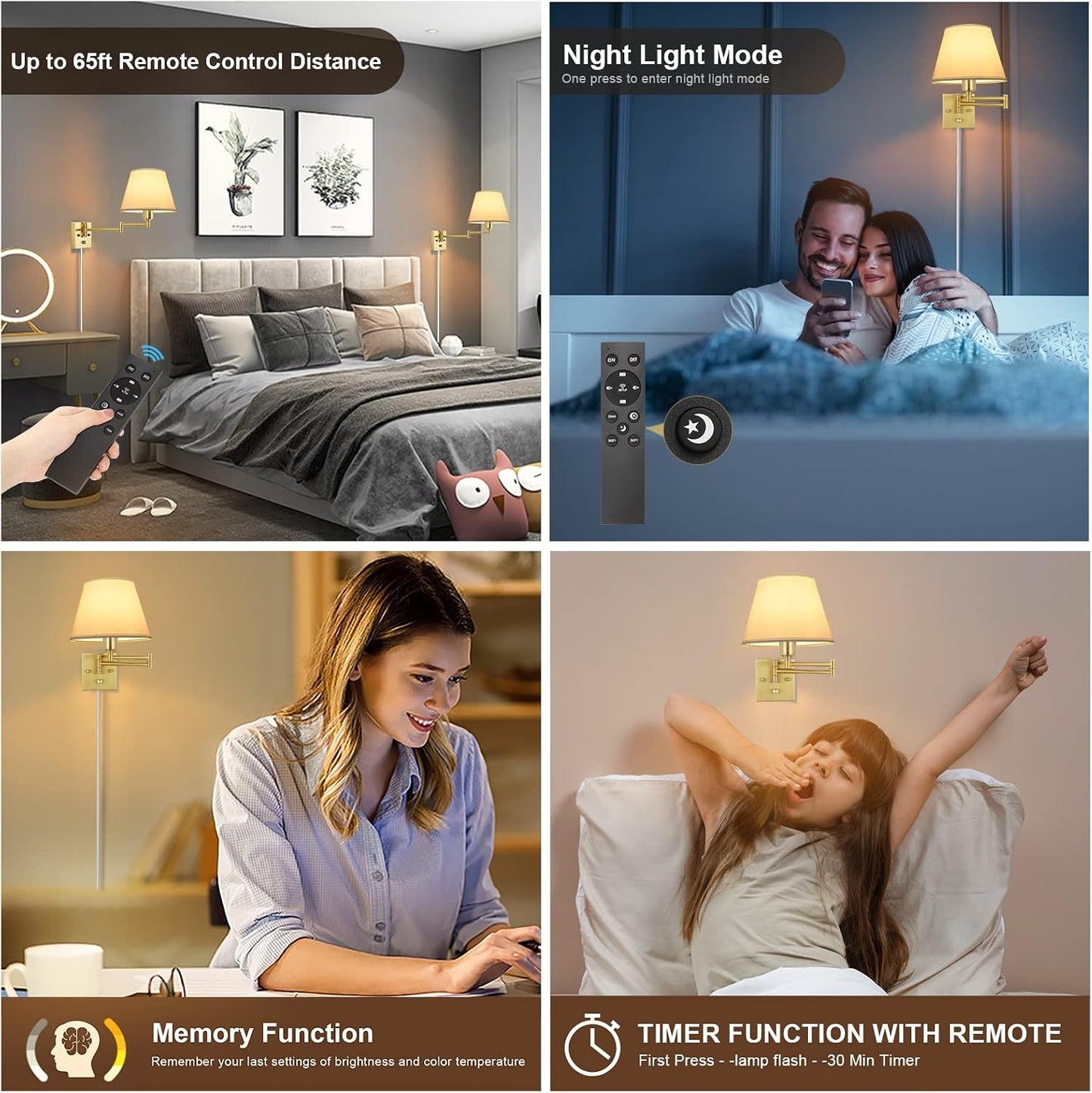 TRLIFE Wall Sconce Plug in, Dimmable Wall Sconces Set of Two Swing Arm Wall Lights with Plug in Cord and On/Off Dimmer Rotary Switch, 9.4" Medium Beige Fabric Shade(2 Pack, 2 Bulbs)