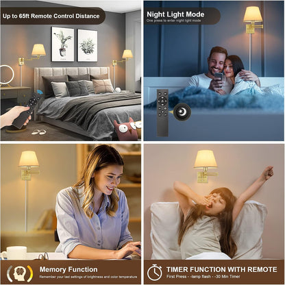 TRLIFE Wall Sconce Plug in, Dimmable Wall Sconces Set of Two Swing Arm Wall Lights with Plug in Cord and On/Off Dimmer Rotary Switch, 9.4" Medium Beige Fabric Shade(2 Pack, 2 Bulbs)