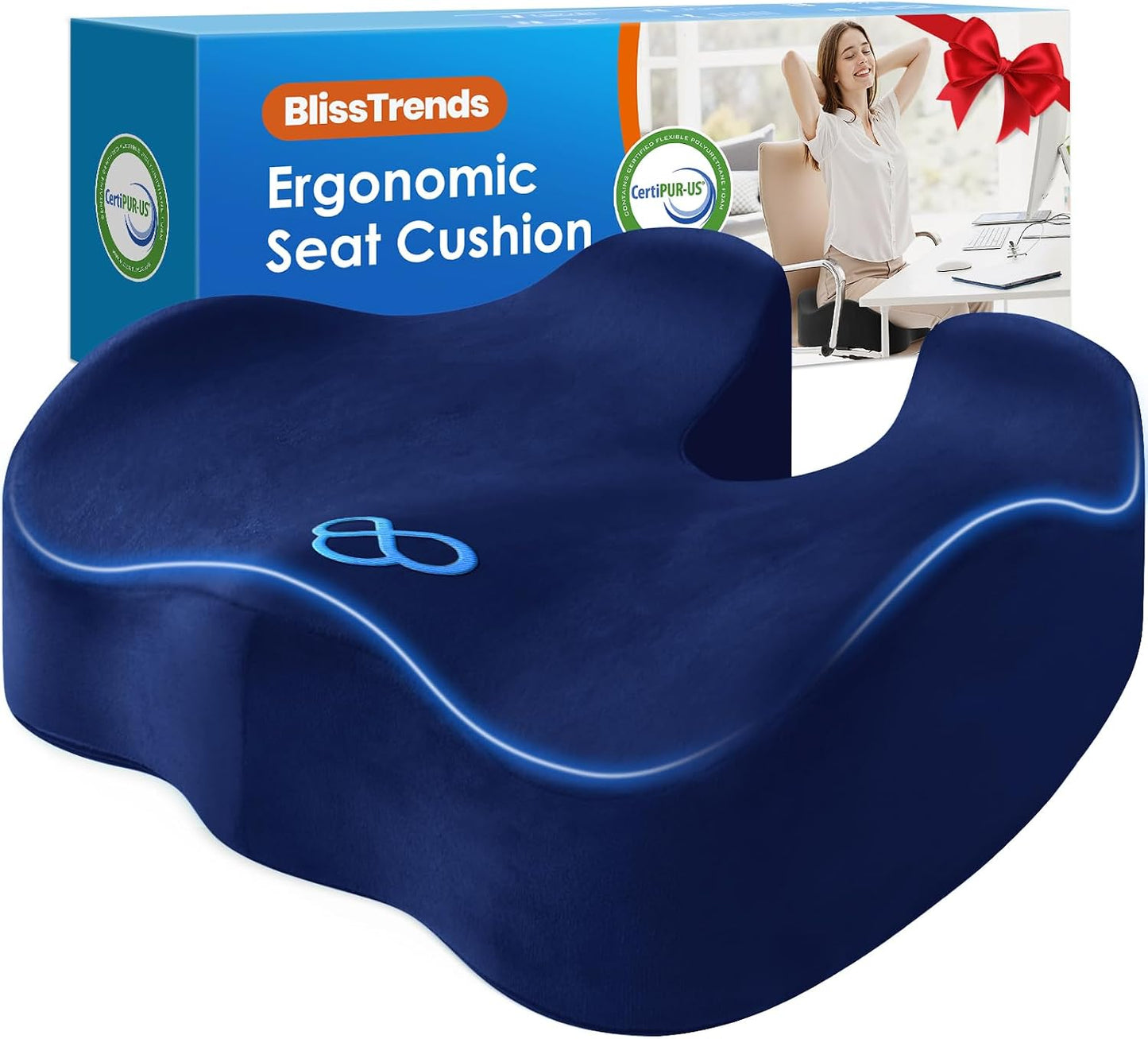 BlissTrends Memory Foam Seat Cushion for Office Chair & Car Seat, Black | 4.7in Ergonomic Tailbone & Sciatica Support with Removable Velvet Cover for Pressure Relief and Long Sitting Comfort