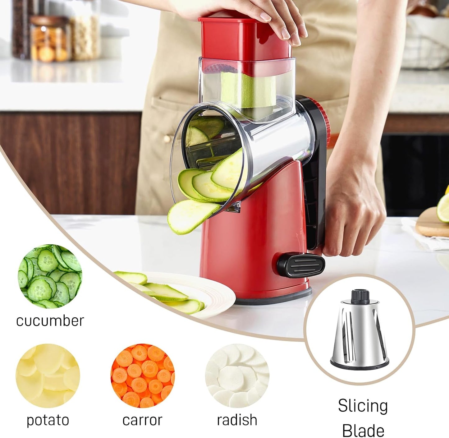 Weltonhm 4 in 1 Large Rotary Cheese Grater Hand Crank (black, 3 Graters) | Cheese Shredder Rotary and Slicer with 4 Stainless Steel Blades for Vegetables, Veggie and Cheese, Stronger Suction Base