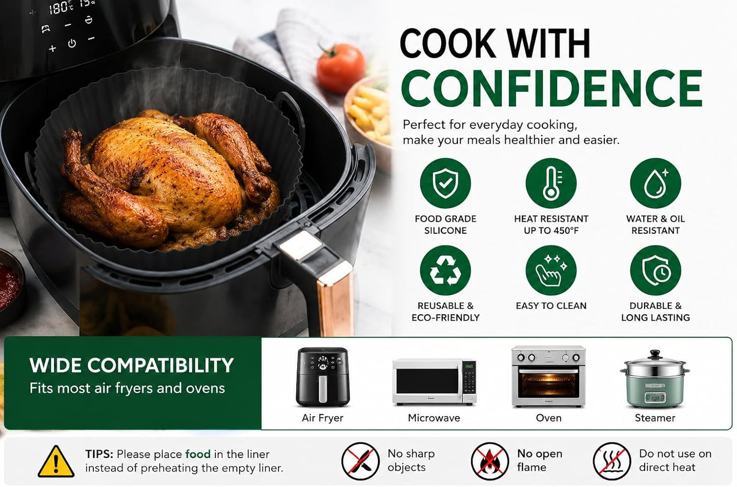 Reusable Silicone Air Fryer Liner, Non-Stick Basket Liner, BPA Free Food Grade Silicone, Dishwasher Safe, Heat Resistant up to 450°F, Fits Most Air Fryers, 8 Inch, Black