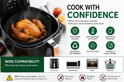 Reusable Silicone Air Fryer Liner, Non-Stick Basket Liner, BPA Free Food Grade Silicone, Dishwasher Safe, Heat Resistant up to 450°F, Fits Most Air Fryers, 8 Inch, Black