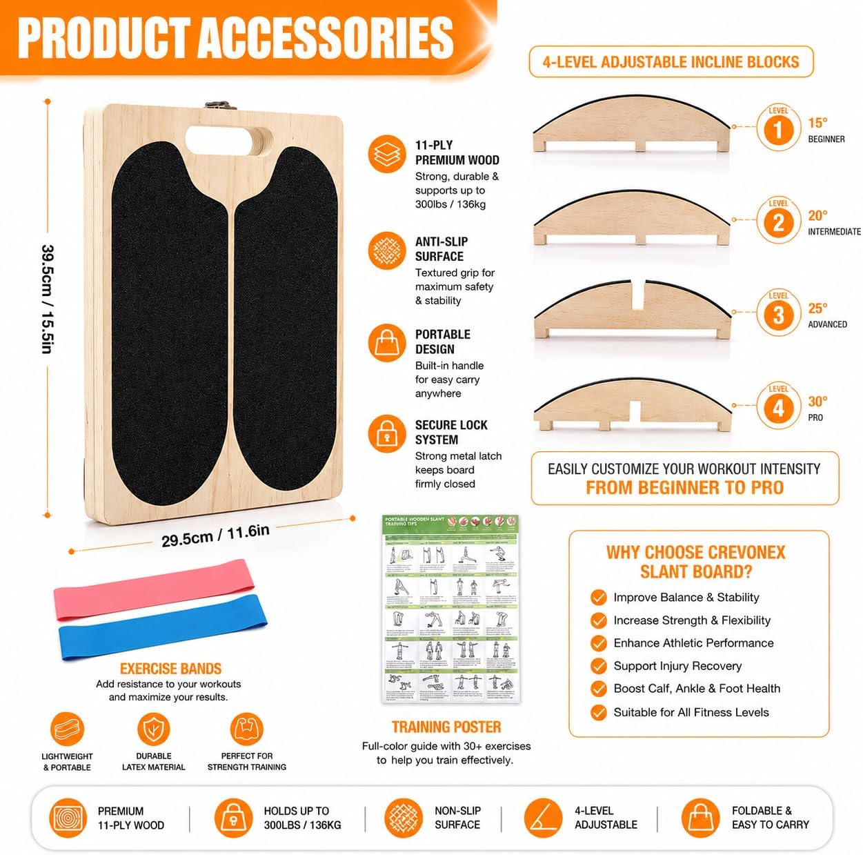 3 in 1 Adjustable Wooden Slant Board for Stretching & Physical Therapy, Anti-Slip 5 Angle Portable Calf & Achilles Tendon Stretching Board, 400 lbs Capacity, Improve Flexibility, Foot Pain Relief