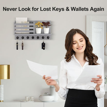 Lwenki Key Holder for Wall – Decorative Wooden Mail Holder and Key Shelf with Mounting Hardware, Installation Guide – Paulownia Wood with Metal Key Hooks (Black, Large - 11.8inch)