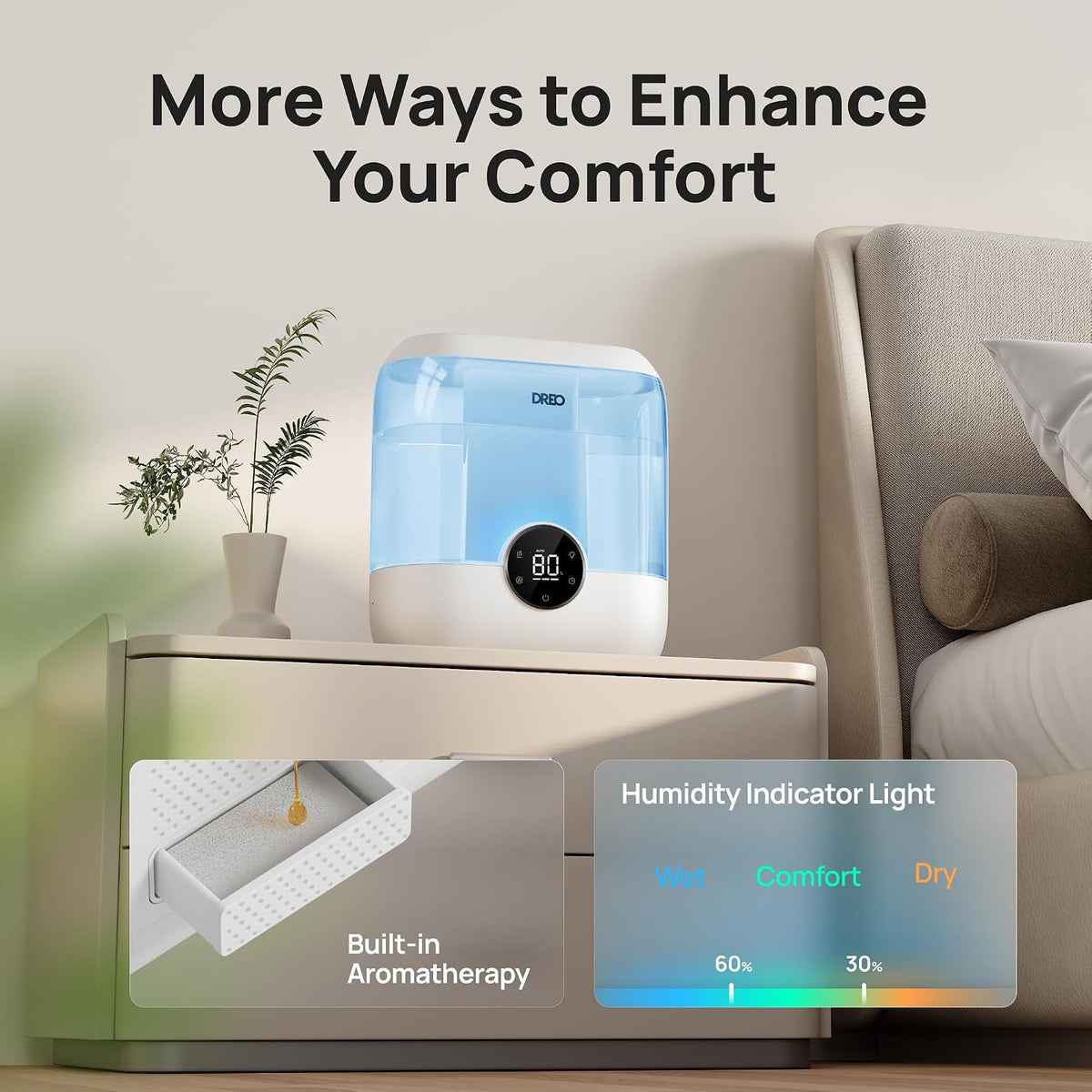 DREO 3L Humidifiers for Bedroom, 30H Runtime, 26 dB Quiet, Black