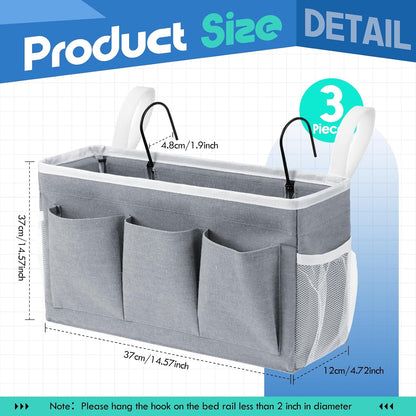 3 Pcs Bedside Caddy Storage Organizer, Bedside Hanging Storage Bag with Pockets and Fixed Straps for Bunk Bed Shelf Dorm Rooms Crib Bed Rails Hospital Beds, Can Be Placed Glasses Books