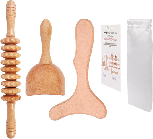 Komogir 3-in-1 Wood Therapy Massage Tools Lymphatic Drainage Massager Wooden Massager for Maderoterapia,Anti-Cellulite, Body Sculpting & Contouring