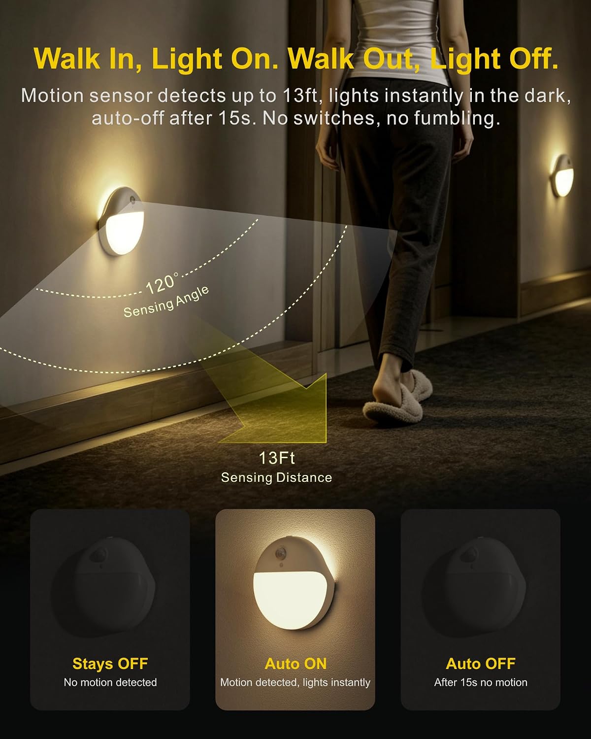 Small Motion Sensor Amber Night Light Battery Operated, Toilet Light | 2 Pack, 3 Modes, Dimmable 1-15lm, Dim Light Soft Glow, No Plug, Wireless Stick on Light for Bedroom, Sleep, Bathroom, Kids