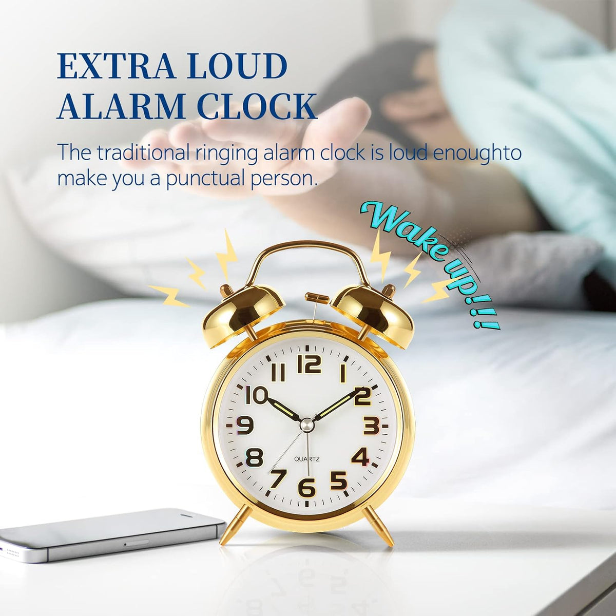 Super Loud Alarm Clock For heavy sleepers,4 inches Twin Bell Alarm Clock with Backlight,Battery Operated,Silent Non Ticking,For Kids,Adults,Bedrooms,Retro decor Desk Analog Clocks.. (Noctilucent)