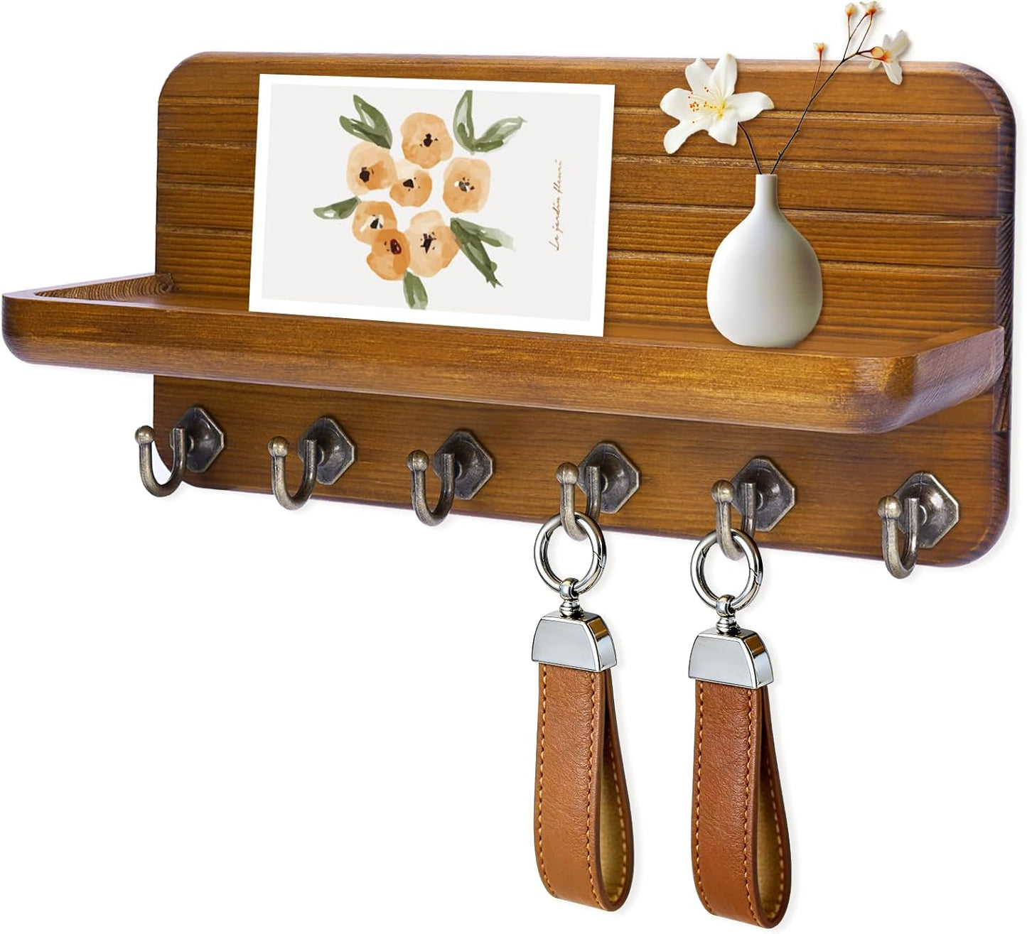 Key Holder for Wall, Mail Organizer Wall Mount with 6 Hooks Wooden Hanging Key Rack for Home Decor, Hallway, Entryway (Yellow)