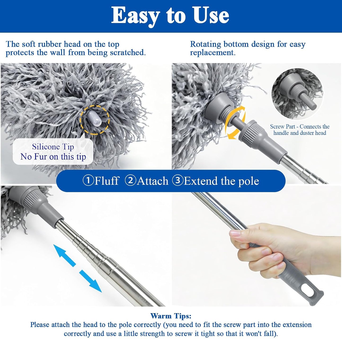 Cobweb Duster with Extension Pole 100 inches, Dusters for Cleaning with 2 Duster Heads, Washable Microfiber Feather Duster for Cleaning Ceiling Fan, High Ceiling, Blinds, Furniture & Cars