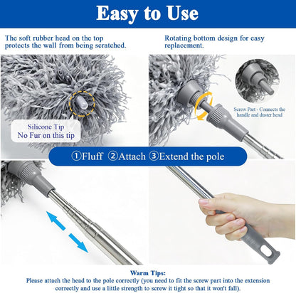 Cobweb Duster with Extension Pole 100 inches, Dusters for Cleaning with 2 Duster Heads, Washable Microfiber Feather Duster for Cleaning Ceiling Fan, High Ceiling, Blinds, Furniture & Cars