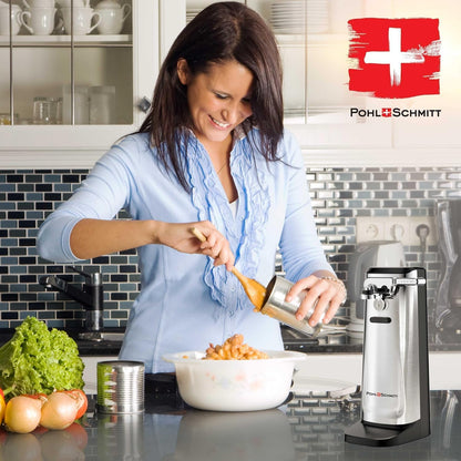 POHL SCHMITT Electric Can Opener, Knife Sharpener & Bottle Opener | Easy Push Down Lever, Works with Standard And Pop-Top Cans, Durable Stainless Steel & ABS, Kitchen Essentials and Accessories