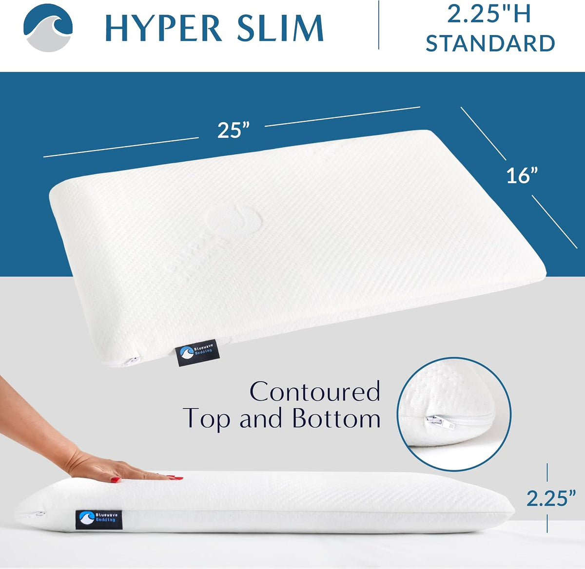 Bluewave Bedding Ultra Slim Gel Memory Foam Pillow for Stomach and Back Sleepers - Thin, Flat Design for Cervical Neck Alignment and Deeper Sleep (2.75-Inches Height, Standard Size)